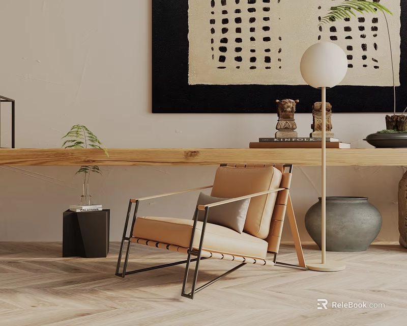 Modern Lounge Chair With Beige Cushion And Metal Frame Near Wooden Console Table And Floor Lamp 3d model 