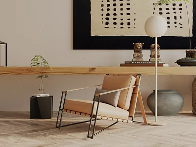 Modern Lounge Chair With Beige Cushion And Metal Frame Near Wooden Console Table And Floor Lamp 3d model
