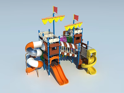 Playground Equipment With Multi Level Structure Orange Slide Yellow Spiral Slide Flags And Canopies 3d model