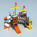 Playground Equipment With Multi Level Structure Orange Slide Yellow Spiral Slide Flags And Canopies