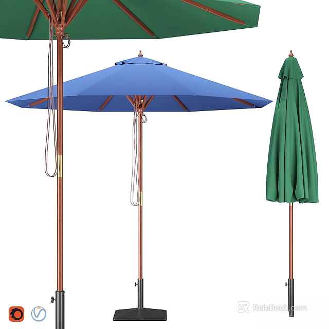 Outdoor Garden Decor Umbrella Blue Open And Green Closed With Copper Pole Design 3d model 