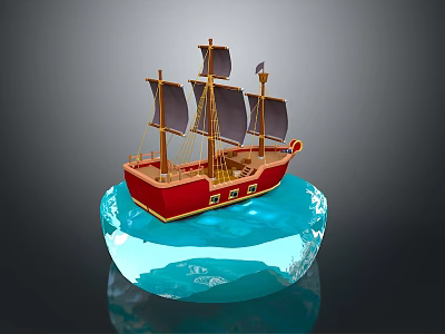Red Sailboat Model With Multiple Masts Black Sails And Blue Transparent Base 3d model