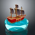 Red Sailboat Model With Multiple Masts Black Sails And Blue Transparent Base