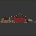Red Canvas Tent With Wooden Barrels And Crates For Outdoor Living Supplies