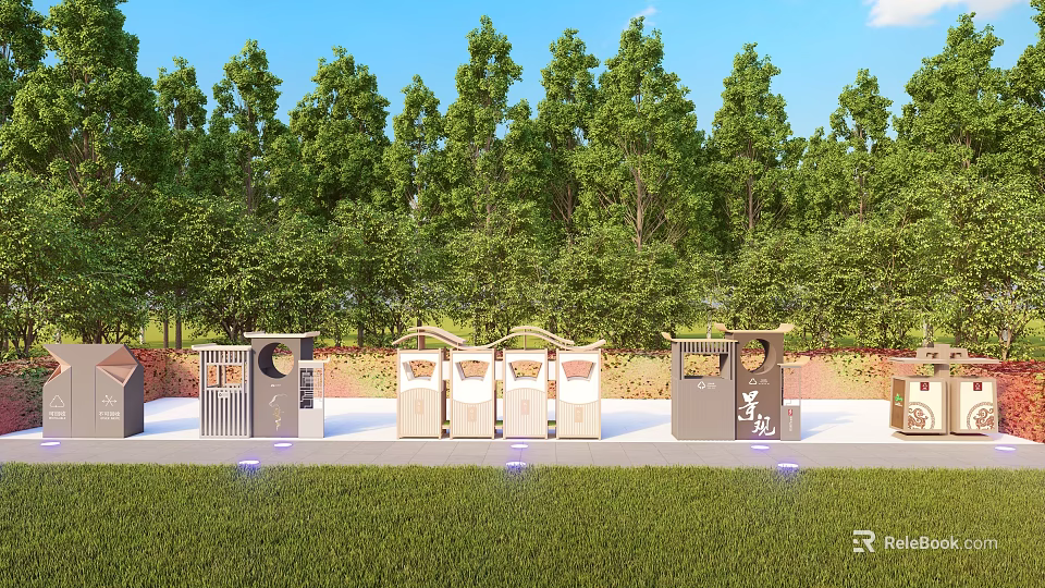 Garden Decorative Trash Bins With Green Trees And Grass In Outdoor Area 3d model 