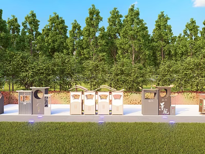 Garden Decorative Trash Bins With Green Trees And Grass In Outdoor Area 3d model