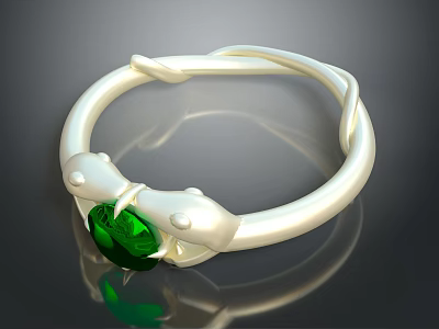 Elegant White Metal Ring with Twin Snake Head Design and Sparkling Green Gemstone Centerpiece 3d model