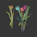 Pink Tulips With Green Leaves And Stems Against Dark Background With Reflections