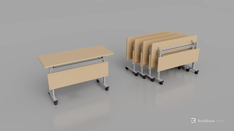Foldable Light Wood Conference Table With Metal Frame And Wheels For Easy Storage 3d model 