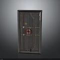 Vintage Industrial Door With Dark Wooden Frame Red Decorative Wheel Metal Straps And Paneled Design