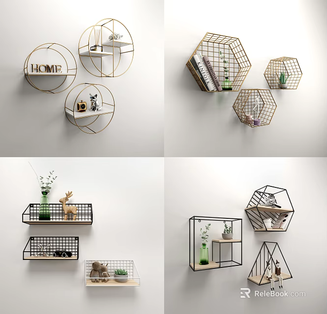 Stylish Modern Wall Cabinets In Geometric Shapes With Green Plants And Books 3d model 