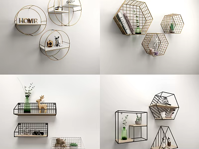 Stylish Modern Wall Cabinets In Geometric Shapes With Green Plants And Books 3d model