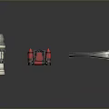 Professional Industrial Equipment Set With Cylindrical Device Red Wheeled Tool And Silver Tongs
