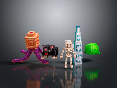 Skeleton Character And Black Wolf Creature With Orange Tentacled Block Blue Tower And Green Cube 3d model