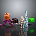 Skeleton Character And Black Wolf Creature With Orange Tentacled Block Blue Tower And Green Cube
