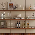 Stylish Wooden and Metal Display Shelves with Wine Bottles Glasses and Decorative Pieces