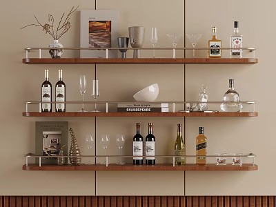 Stylish Wooden and Metal Display Shelves with Wine Bottles Glasses and Decorative Pieces 3d model