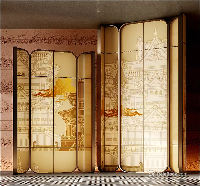 Elegant Chinese Style Screen with Golden Architectural Motifs and Translucent Panels 3d model 