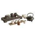 Traditional Ceramic Tea Set with Wooden Serving Tray White Cups and Brown Teapot