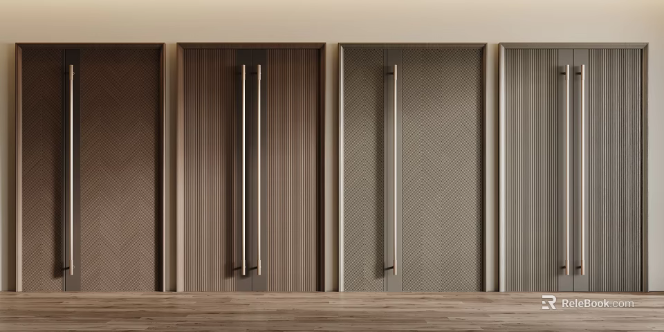 Modern Double Doors In Brown And Gray Tones With Textured Panels And Long Metallic Handles 3d model 