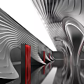 Futuristic Metallic Tunnel Design With Silver Wave Patterns And Red Accents