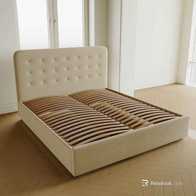 Beige Upholstered Bed Frame with Button Tufted Headboard and Slat Support Base for Modern Bedroom 3d model 