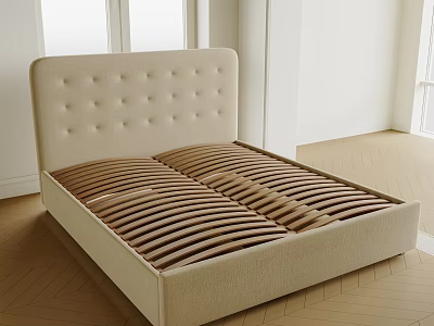 Beige Upholstered Bed Frame with Button Tufted Headboard and Slat Support Base for Modern Bedroom 3d model