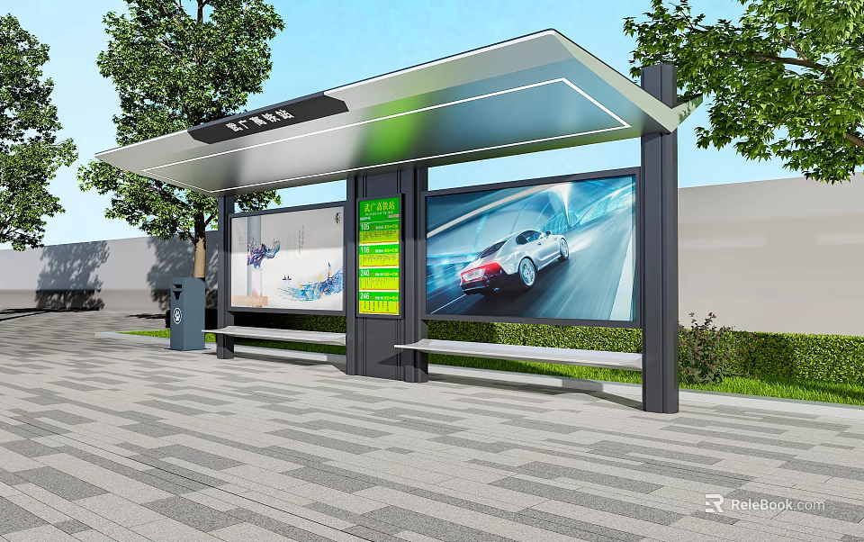 Bus Stop Billboard With Modern Design Featuring Car Advertisement And Bench Near Trees 3d model 