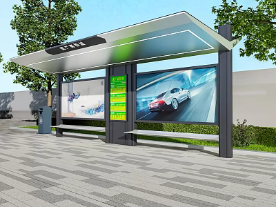 Bus Stop Billboard With Modern Design Featuring Car Advertisement And Bench Near Trees 3d model