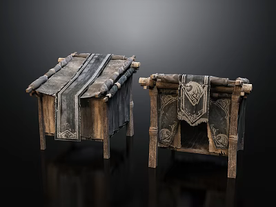 Two Traditional Wooden Frame Tents With Decorative Cloth And Intricate Patterns 3d model