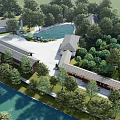 Lush Public Park With Green Lawn Circular Square Trees And White Building Steps