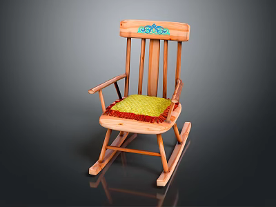 Wooden Rocking Chair With Decorative Backrest Green Cushion And Red Trim Armrests 3d model