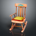Wooden Rocking Chair With Decorative Backrest Green Cushion And Red Trim Armrests