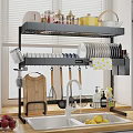 Functional Kitchen Utensil Set with Plates Cups Knives Cutting Board above Sink in Modern Kitchen