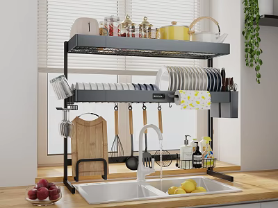 Functional Kitchen Utensil Set with Plates Cups Knives Cutting Board above Sink in Modern Kitchen 3d model