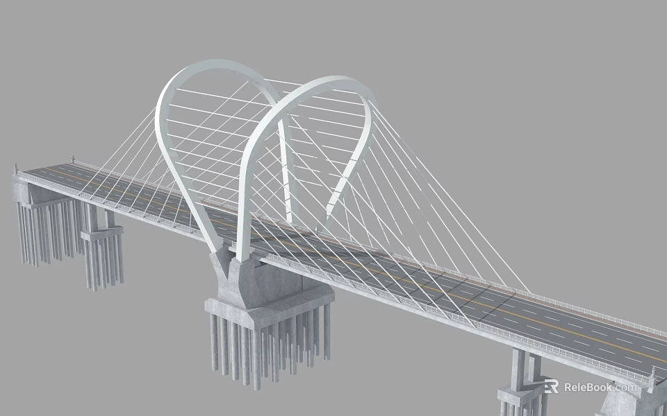 Modern Cable Stayed Bridge Design With Heart Shaped Tower And Multiple Piers 3d model 
