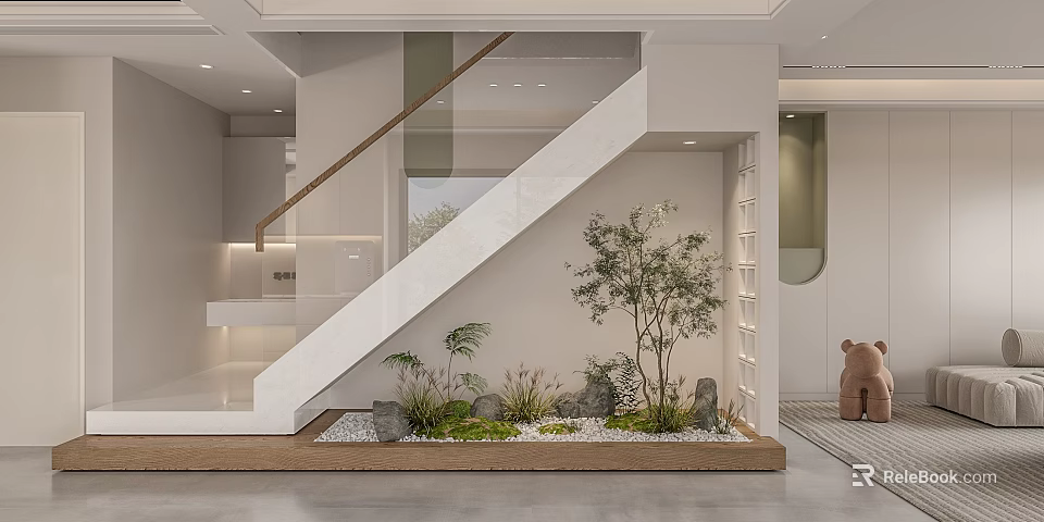 Indoor Modern Staircase Side Small Garden Feature With Green Plants Stones And White Pebbles 3d model 