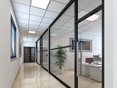 Office Corridor with Glass Partitions White Ceiling Floor Tiles and Green Plant in Office Interior 3d model
