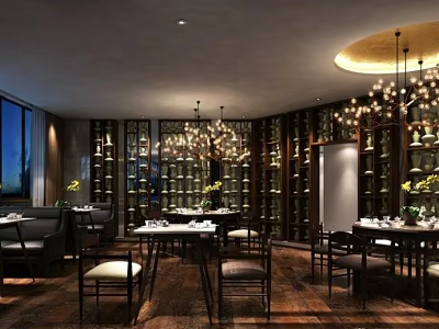 Elegant Restaurant Interior With Wooden Tables Chairs Wine Racks And Chandeliers 3d model