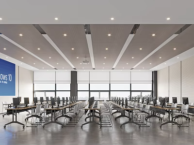 Modern Conference Room Interior Design With Long Tables Chairs Computers Blue Screen And Windows 3d model