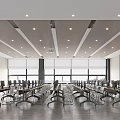 Modern Conference Room Interior Design With Long Tables Chairs Computers Blue Screen And Windows
