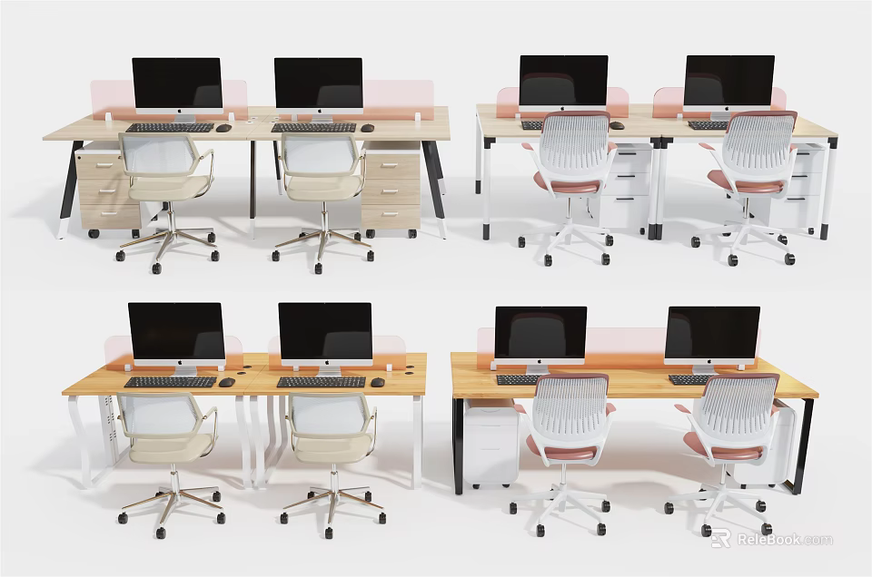 Modern Office Desks With Computers And Ergonomic Chairs Workstation Setup 3d model