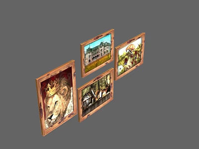 Wooden Framed Wall Decor Featuring Lion Building And Landscape Artworks 3d model