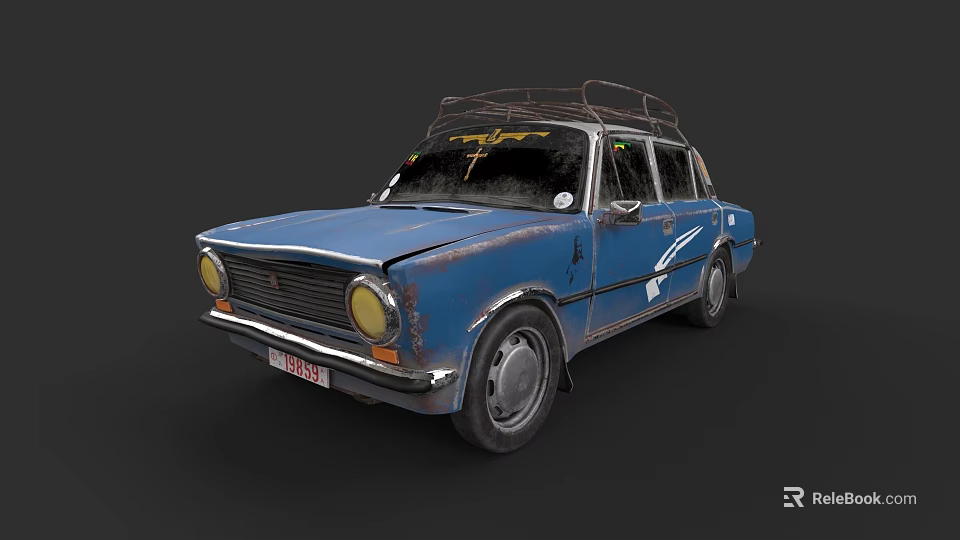 Blue Rusty Vintage Car With Roof Rack And Classic Exterior Design 3d model 