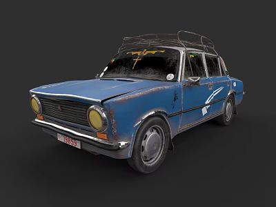 Blue Rusty Vintage Car With Roof Rack And Classic Exterior Design 3d model