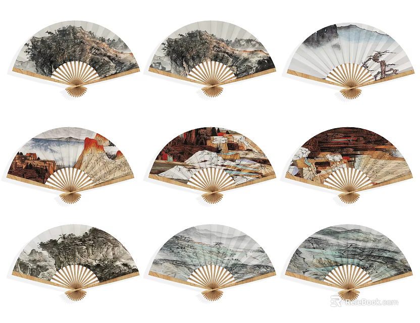 Decorative Folding Fan Ornament Set With Various Traditional Landscape Paintings 3d model 