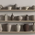 Ceramic Vessels Displayed on Multiple Shelves with Various Shapes and Textures 3d model