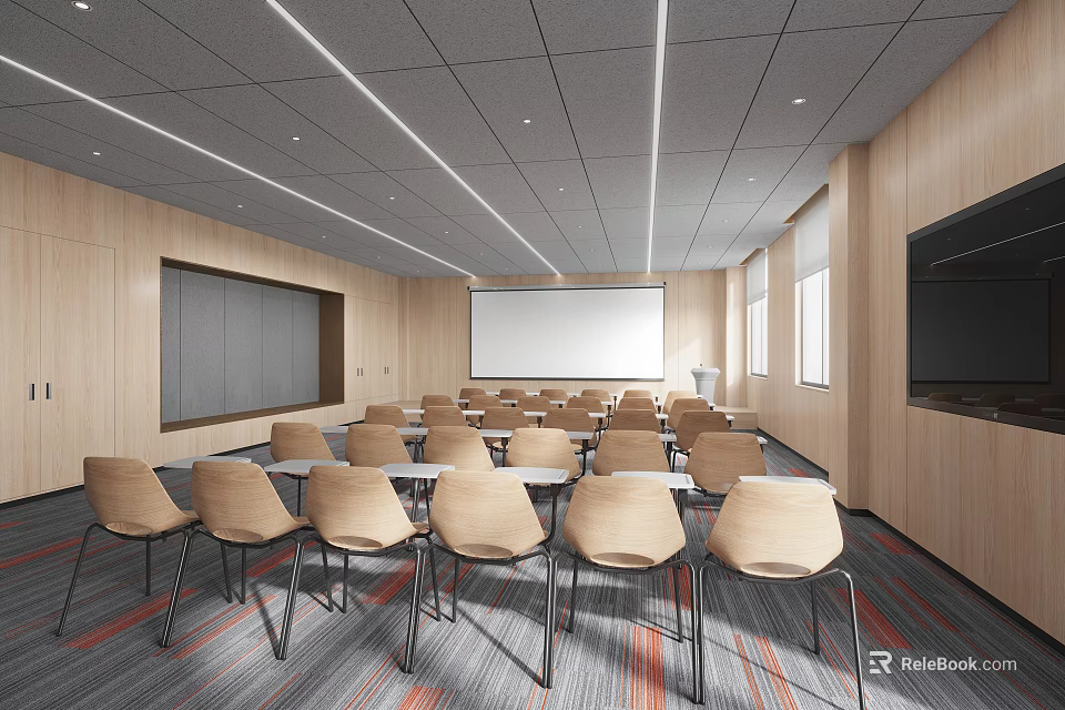 Modern Conference Room Interior With Neatly Arranged Chairs Projection Screen And Wooden Walls 3d model 