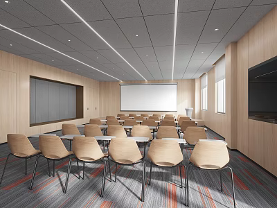 Modern Conference Room Interior With Neatly Arranged Chairs Projection Screen And Wooden Walls 3d model