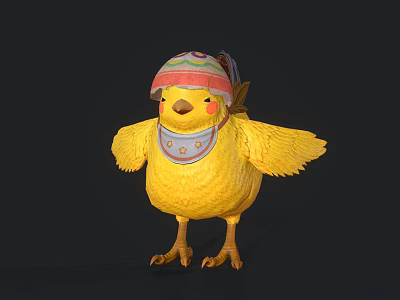 Yellow Chick With Colorful Hat And Blue Bib Wings Spread On Dark Background 3d model